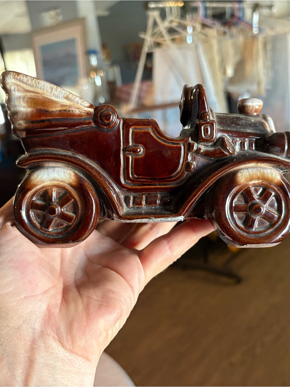 Vintage Ceramic Car Figurine - Brown Gloss Finish